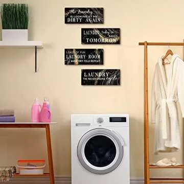 Gerrii 4 Pieces Laundry Room Wooden Signs Decor Black and Gold Funny Sign Wall Plaque Laundry Wall Decoration Vintage Bathroom Wall Sign Laundry Rules Hanging Decor for Home Laundry Room Bathroom