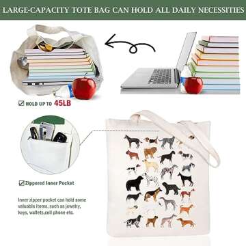 Andeiltech Canvas Tote Bag for Women Dog Aesthetic Tote Bag with Inner Pocket Dogs Shoulder Book Bag Gift Shopping Reusable Grocery Bags