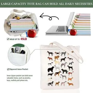 Andeiltech Canvas Tote Bag for Women Dog Aesthetic Tote Bag with Inner Pocket Dogs Shoulder Book Bag Gift Shopping Reusable Grocery Bags