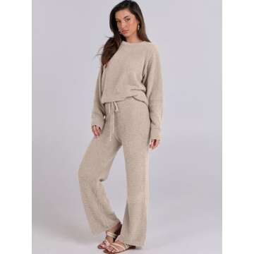 ANRABESS Women's Fuzzy Fleece Pajama Sets 2 Piece Outfits Long Sleeve Top Wide Leg Pants Lounge Matc...
