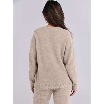 ANRABESS Women's Fuzzy Fleece Pajama Sets 2 Piece Outfits Long Sleeve Top Wide Leg Pants Lounge Matching Set 2024 Fall Winter Light Khaki Large