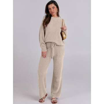 ANRABESS Women's Fuzzy Fleece Pajama Sets 2 Piece Outfits Long Sleeve Top Wide Leg Pants Lounge Matching Set 2024 Fall Winter Light Khaki Large