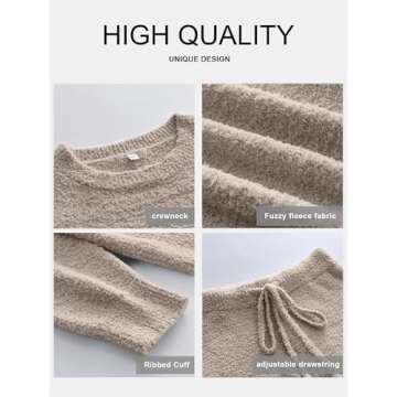 ANRABESS Women's Fuzzy Fleece Pajama Sets 2 Piece Outfits Long Sleeve Top Wide Leg Pants Lounge Matching Set 2024 Fall Winter Light Khaki Large