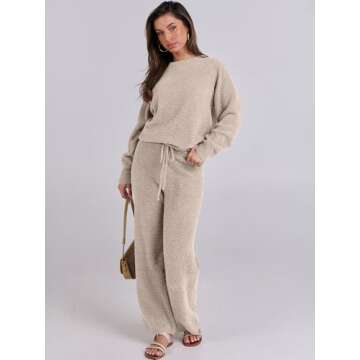 ANRABESS Women's Fuzzy Fleece Pajama Sets 2 Piece Outfits Long Sleeve Top Wide Leg Pants Lounge Matching Set 2024 Fall Winter Light Khaki Large