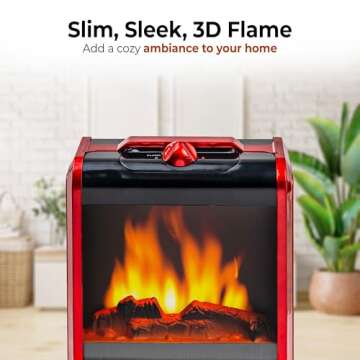 Comfort Zone Electric Mini Fireplace Space Heater with Realistic 3D Flame, Stay-Cool Body, Carry Handle, Overheat Sensor, and Safety Tip-Over Switch, Ideal for Home, Bedroom, & Office, 1,200W, CZFP1