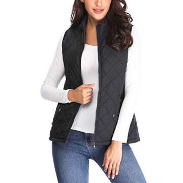 MISS MOLY Women Lightweight Quilted Padded Vest Stand Collar Zip Up Front Gilet Quilted,Black,Medium