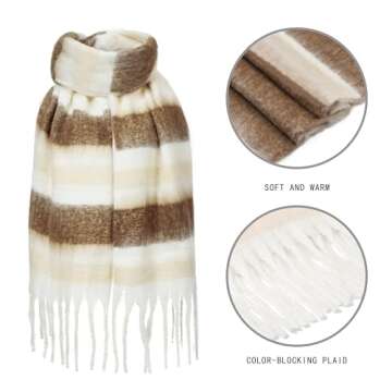 Rulala Fancy Oversized Blanket Scarf for Women Winter Fall Chunky Plaid Soft Cashmere Feel Thick Scarves with Fringed(White & Coffee Strip)
