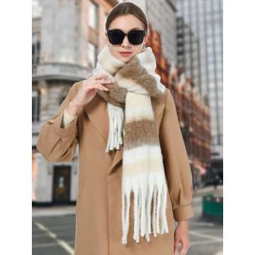 Rulala Fancy Oversized Blanket Scarf for Women Winter Fall Chunky Plaid Soft Cashmere Feel Thick Scarves with Fringed(White & Coffee Strip)
