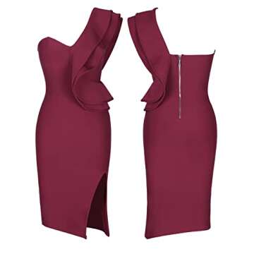 UONBOX Women's One Shoulder Sleeveless Knee Length Side Split Fashion Bandage Dress (S, Wine)