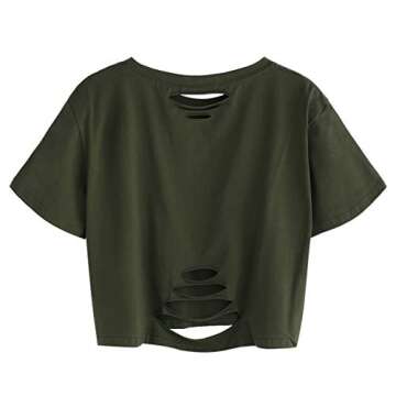 SweatyRocks Women's Summer Short Sleeve Tee Distressed Ripped Crop T-shirt Tops Green M