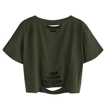 SweatyRocks Women's Summer Short Sleeve Tee - Distressed Crop Top in Green (M)