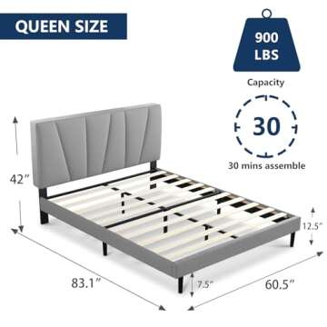 Molblly Queen Bed Frame Upholstered Platform with Headboard and Strong Wooden Slats, Strong Weight Capacity, Non-Slip and Noiseless,No Box Spring Needed, Easy Assembly,Light Grey