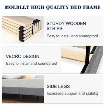 Molblly Queen Bed Frame Upholstered Platform with Headboard and Strong Wooden Slats, Strong Weight Capacity, Non-Slip and Noiseless,No Box Spring Needed, Easy Assembly,Light Grey