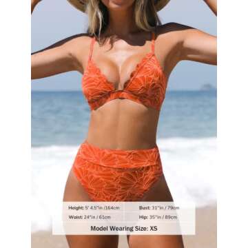 CUPSHE Bikini Set for Women Bathing Suit High Waisted Scalloped V Neck Two Pieces Swimsuit, XL Coral Orange