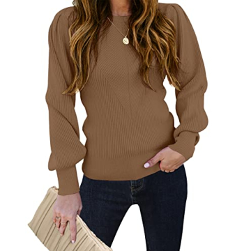 TECREW Women's Puff Sleeve Crew Neck Pullover Sweater Casual Cozy Knit Slim Jumper Tops, Mocha, Smal...
