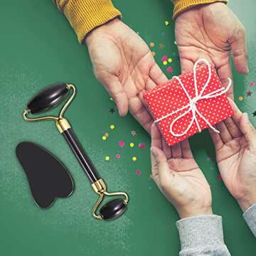 YLTNEUQER Jade Roller & Gua Sha Set - Facial Skin Care Set, Facial Beauty Tools, Natural Beauty Skin Care Tools, Face Roller Massager for Face, Neck, and Eye Treatment (Black)