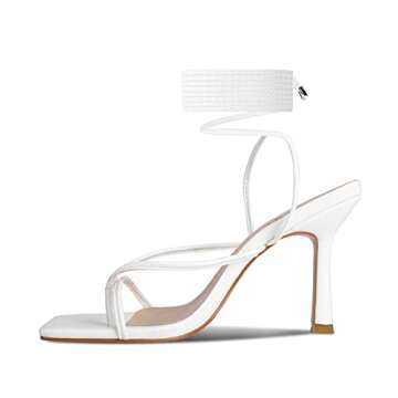 ISNOM Lace Up Heels Sandals for Women, Square Toe Open Toe Thong Strappy Heels Women's Stiletto Heel...