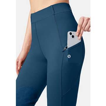 SANTINY Women's Horse Riding Pants with Zipper Pockets Knee-Patch Schooling Tights Equestrian Breeches for Women (Blue_S)