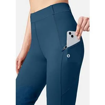 SANTINY Women's Horse Riding Pants with Zipper Pockets Knee-Patch Schooling Tights Equestrian Breeches for Women (Blue_S)