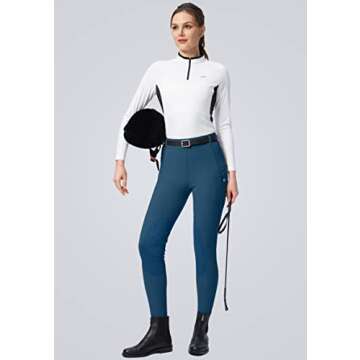 SANTINY Women's Horse Riding Pants with Zipper Pockets Knee-Patch Schooling Tights Equestrian Breeches for Women (Blue_S)