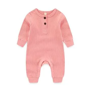 IADOER Newborn Baby Boys Girls One Piece Romper With Mitten Cuffs 3 Pack Long Sleeve Ribbed Button Jumpsuit Outfit Clothes white+pink+tan 6 months Baby Pajamas