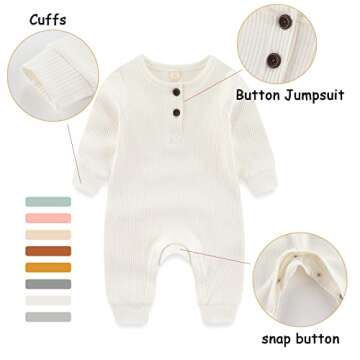 IADOER Newborn Baby Boys Girls One Piece Romper With Mitten Cuffs 3 Pack Long Sleeve Ribbed Button Jumpsuit Outfit Clothes white+pink+tan 6 months Baby Pajamas