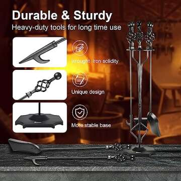 VODA Fireplace Tools Set, 5-Piece Cast Iron 33" Fire Place Set Tools Indoor Fireside Accessories Large Fire Place Tool Set Outdoor Holder Fire Kit with Poker Shovel Tongs Brush, Stand