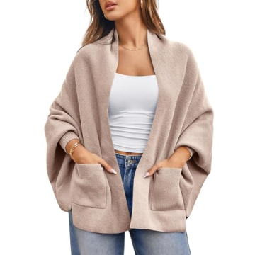 Saodimallsu Womens Open Front Cardigan Batwing Long Sleeve Shawl Chunky Knit Loose Fall Poncho Sweat...
