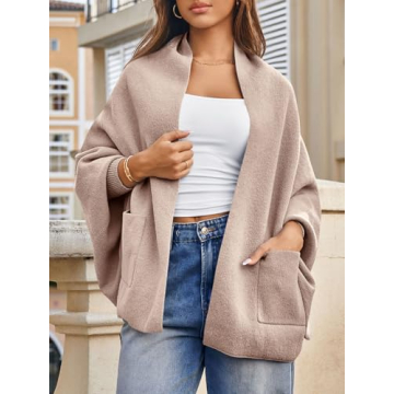 Saodimallsu Womens Open Front Cardigan Batwing Long Sleeve Shawl Chunky Knit Loose Fall Poncho Sweater Coats Coffee