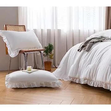 JANZAA Comforter Set Full Size White Comforter Set Ruffled Comforter Set Soft Vintage Farmhouse Bed Comforter Set Fluffy 3PCS Shabby Chic Bedding with 2 Pillowcases