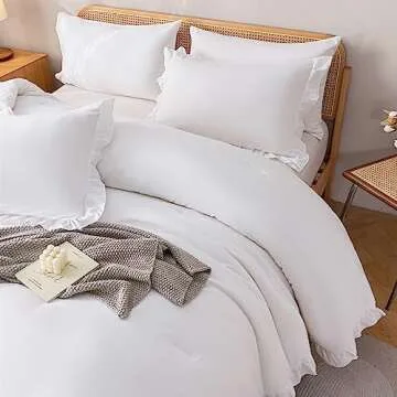 JANZAA Comforter Set Full Size White Comforter Set Ruffled Comforter Set Soft Vintage Farmhouse Bed Comforter Set Fluffy 3PCS Shabby Chic Bedding with 2 Pillowcases