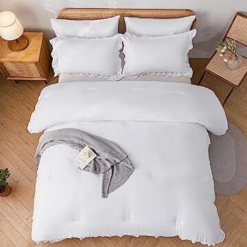 JANZAA Comforter Set Full Size White Comforter Set Ruffled Comforter Set Soft Vintage Farmhouse Bed Comforter Set Fluffy 3PCS Shabby Chic Bedding with 2 Pillowcases