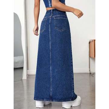 Verdusa Women's High Waist Split Thigh Denim Long Maxi Skirt in Dark Wash