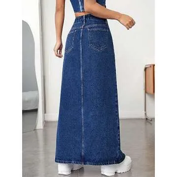 Verdusa Women's High Waist Split Thigh Denim Long Maxi Skirt in Dark Wash