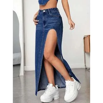 Verdusa Dark Wash High Waist Maxi Skirt for Women