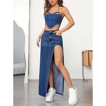 Verdusa Dark Wash High Waist Maxi Skirt for Women