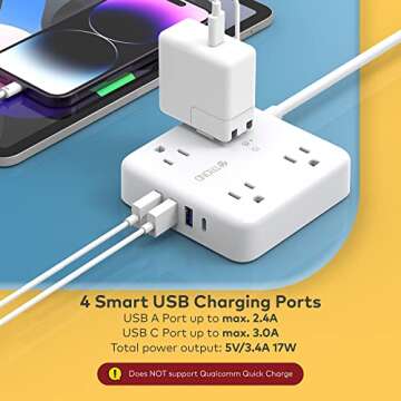 TROND Surge Protector Power Strip with USB Ports, 5ft Flat Plug Extension Cord with Multiple Outlets, 1440J, Wall Mount for Home Office Dorm Room Essentials, White