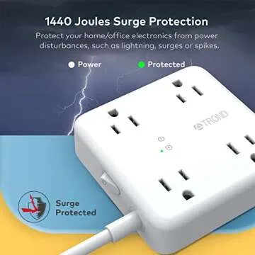 TROND Surge Protector Power Strip with USB Ports, 5ft Flat Plug Extension Cord with Multiple Outlets, 1440J, Wall Mount for Home Office Dorm Room Essentials, White
