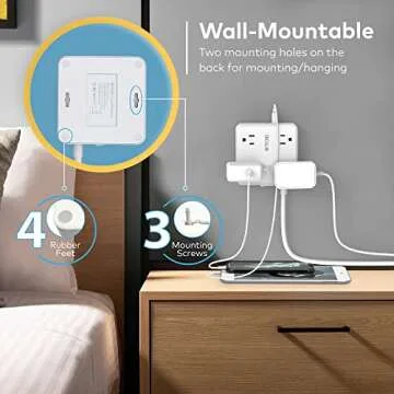 TROND Surge Protector Power Strip with USB Ports, 5ft Flat Plug Extension Cord with Multiple Outlets, 1440J, Wall Mount for Home Office Dorm Room Essentials, White