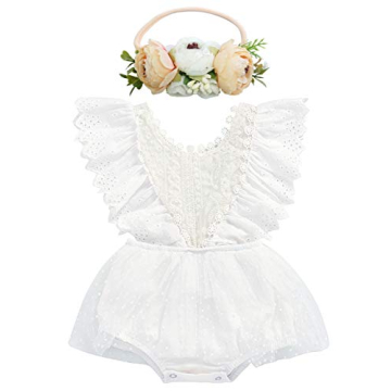 BGFKS Lace Ruffle Sleeve Romper Tutu Dress with Headbands for Baby Girls