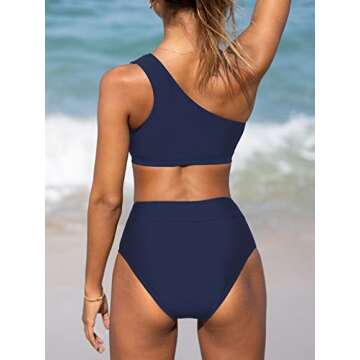 CUPSHE Bikini Set for Women Two Piece Swimsuits High Waisted One Shoulder Top Wide Straps Mesh, XL Navy Blue
