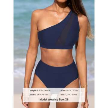 CUPSHE Bikini Set for Women Two Piece Swimsuits High Waisted One Shoulder Top Wide Straps Mesh, XL Navy Blue