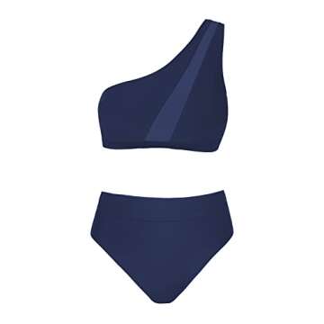 CUPSHE Bikini Set for Women Two Piece Swimsuits High Waisted One Shoulder Top Wide Straps Mesh, XL Navy Blue