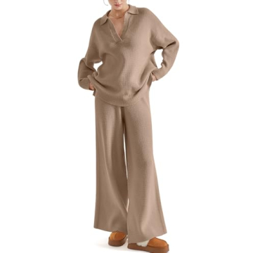 SUUKSESS Women 2 Piece Fall Outfits Long Sleeve Oversized Matching Lounge Set Waffle Knit Polo Sweat...