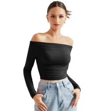 SUUKSESS Women Off Shoulder Long Sleeve Crop Top Y2K Style