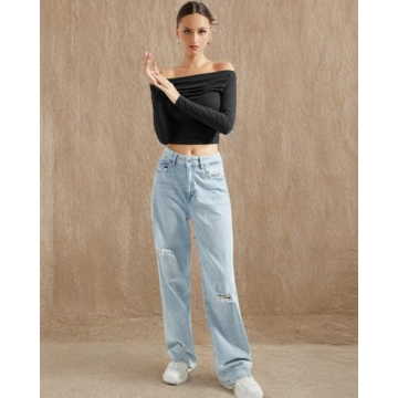 SUUKSESS Women Off Shoulder Long Sleeve Crop Top Y2K Style
