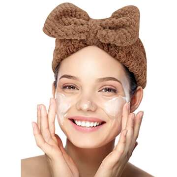 YISSION 2PCS Spa Headband with Bow No Slip Head Band for Face Wash Makeup Skincare Facial Headband Elastic Hair Band Microfiber Headbands for Women Girls (Pink Brown)