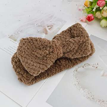 YISSION 2PCS Spa Headband with Bow No Slip Head Band for Face Wash Makeup Skincare Facial Headband Elastic Hair Band Microfiber Headbands for Women Girls (Pink Brown)