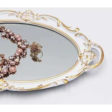 Funerom Vintage 14.5 x 10 inch Mirror Tray, Makeup Organizer, Jewelry Organizer, Serving Tray,Oval Antique White