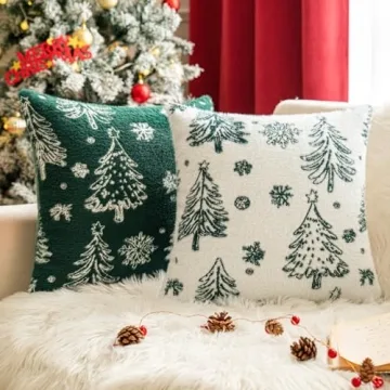 COSIBONO Set of 2 Green Christmas Tree Velvet Throw Pillow Covers 18x18 Inch, Farmhouse Faux Wool Ja...